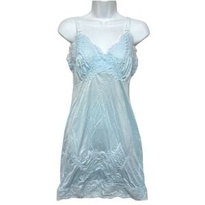 Vintage 70s Movie Star Baby Blue Slip Dress Nylon Lace USA 34 Lingerie Nightgown